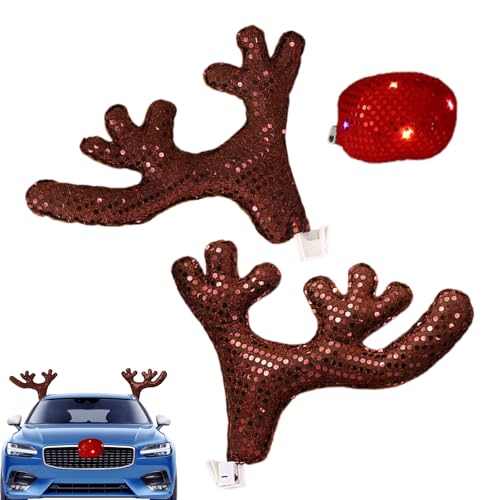 Bois de renne de voiture haut de gamme à paillettes denses et nez rouge lumineux à LED