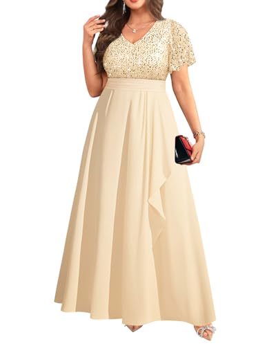 Plus Size Gold Dress Champagne Formal Evening Gowns Mother of Bride Sequin Bridesmaid Prom Long Wedding Guest Gala Dress
