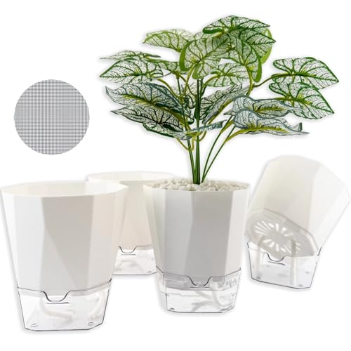 BovcTrraann プラスチック自給植物ポット、排水穴とソーサー付きプラスチック植木鉢、屋内屋外ガーデン植物、アフリカンバイオレット、ハーブ用自己散水プランター (ホワイト、12.7 cm)