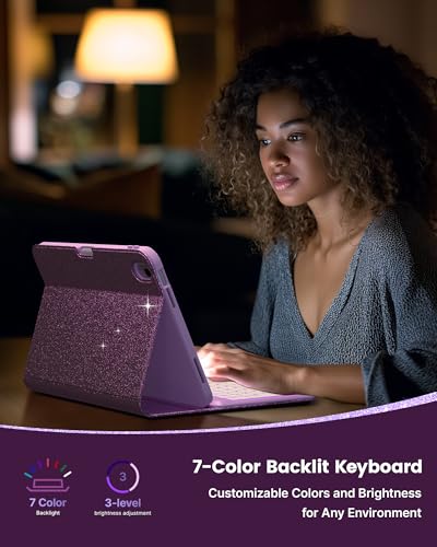 Image of typecase Folio Keyboard Case for iPad 10th Gen 10.9 inch (2022) and iPad 11th (A16, 2025), Magnetic Wireless Detachable Keyboard, 7-Color Backlight, Thin & Light, Pencil Holder - Glitter Purple