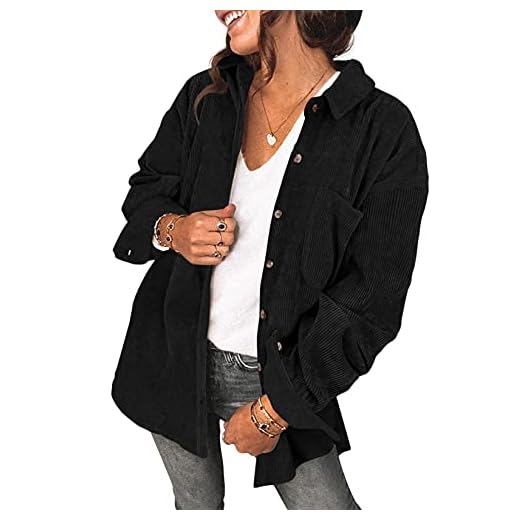Saslax Womens Corduroy Shirt Long Sleeve Oversized Button Up V Neck Blouses Tops Loose Shacket Jacket with Pockets Black Small