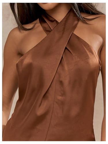 SOLY HUX Women's Satin Halter Dress Tie Backless Criss Cross Mini Cocktail Party Dresses Plain Brown Medium