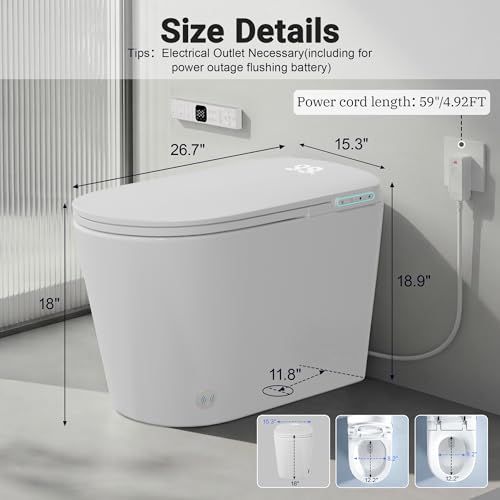 Inodoro Inteligente con Bidé Integrado, Inodoro Moderno Sin Tanque para Baño con Asiento Calefactable y Luz Nocturna, Inodoro de Una Pieza con Cierre Suave, Secador, Sensor de Pie, Tapa y Asiento Automáticos/Dual Auto Flush miniatura 2