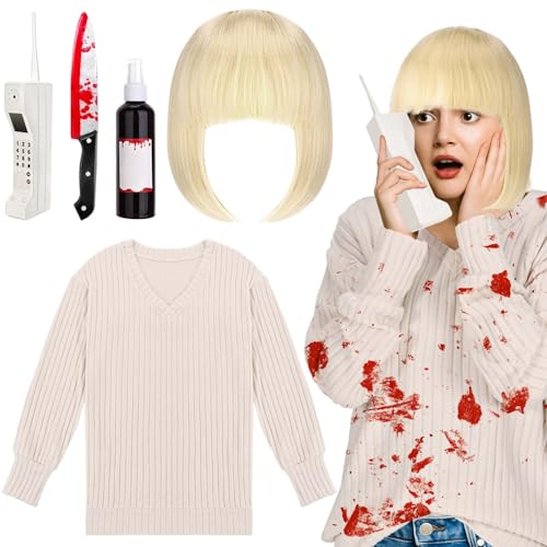 JcHrmers 5Pack Halloween Horror Movie Costume Accessories V Neck Sweaters Short Wig Prop Brick Phone Plastic Knife Fake Blood for Women Fancy Dress Up Supplies