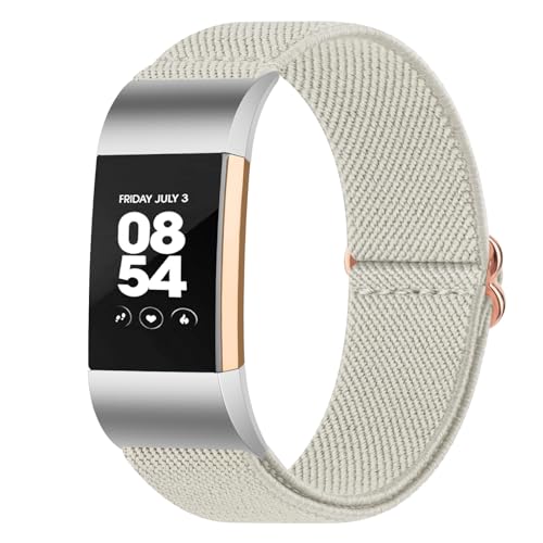 Oumida Stretchy Nylon Solo Loop Band Compatible with Fitbit Charge 2 Bands for Women Men Adjustable Soft Elastic Braided Sport Straps Replacement Wristband for Fitbit Charge 2 Fitness (Starlight)