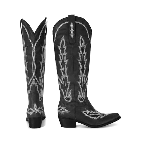 Image of STALOV Cowboy Boots for Women Pull On Chunky Heel Boots Knee High Cowgirl Boots Western Pointed Toe Boots Embroidered Suede Boots