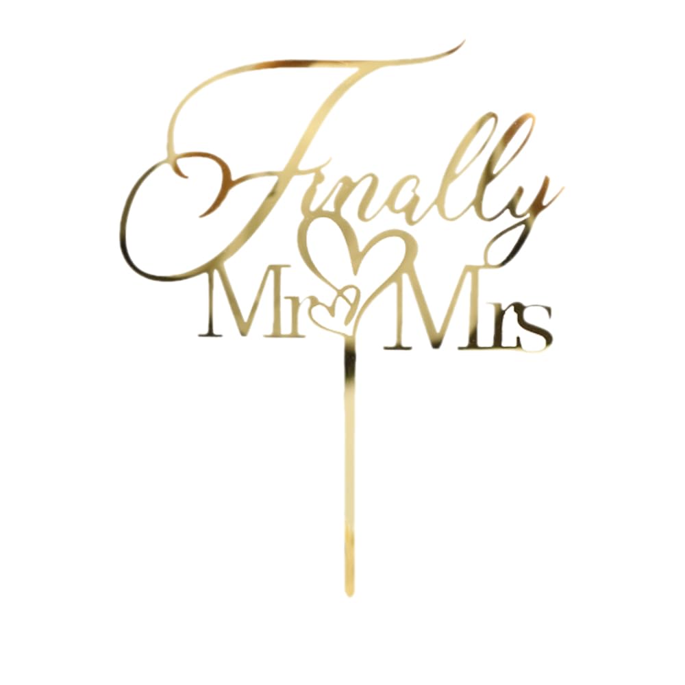 Finally Mr&Mrs - Decoración para tartas de boda, elegante decoración para tartas de aniversario de boda, romántica fiesta de boda (acrílico dorado)