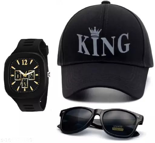 GIFFEMANS Stylish Dial Watch, Stylish Sport Baseball Cap & Stylish Aviator Wayfarer Sunglass for Mens and Boys (Pack of 3) (King_Black) (B0CM37QPTS) Amazon Price History, Amazon Price Tracker