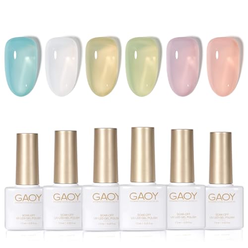 Image of GAOY Jelly Green Spring Summer Gel Nail Polish Set, 6 Transparent Colors Sheer White Blue, Soak Off UV Light Cure Gel Polish Kit for Nail Art DIY at Home