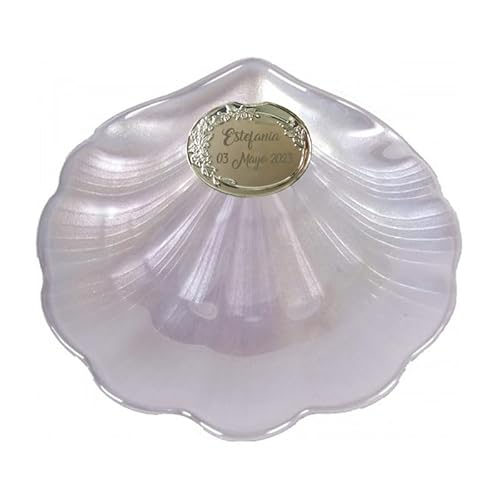 Miniatura 4 de Docolastra Concha De Bautizo Personalizada En Cristal Nacarado Con Ovalo Plateado O Dorado.Opcion De Añadir Pañuelo O Bolsa De Bautizo Ovalo Plateado