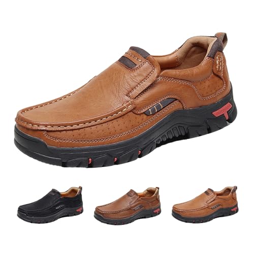 GEEZXWSL Men's Slip On Outdoor Arch Support Loafers,Comfort Hand-Stitching Leather Elastic Non-Slip Travel Hiking Casual Shoes (8,Yellow) by GEEZXWSL - Used condition - US$17.81