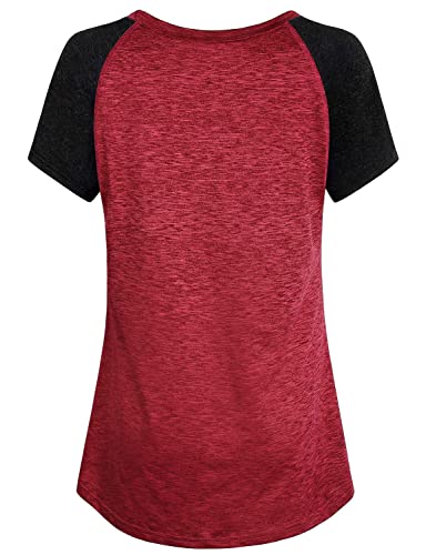 Cestyle Gym Tops For Women, Women's Round Neck Yoga Moisture Wicking Shirts Flattering Color Block Short Sleeve Athletic Tunic With Leggings Red X-Large #TOP1