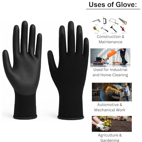 Image of Nylon Safety Work Gloves with Nitrile Coating - Industrial-Grade Protection for Cleaning, Warehouse, Mechanics, Construction - Durable, Flexible, Non-Slip Grip (Black, 25 Pair)