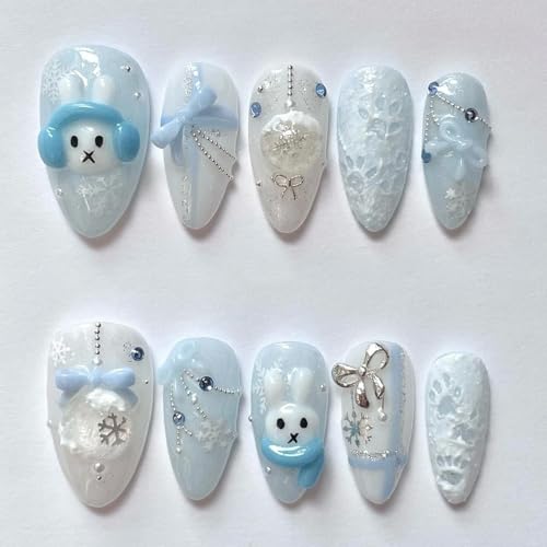 30Pcs Handmade Blue Style Christmas Press on Nails Almond Fake Nails 3D Bow Cute Bunny Design Snowflake False Nails Sparkling Snow Pearl Rhinestones Stick on Nail Winter Xmas Glue on Nails for Women
