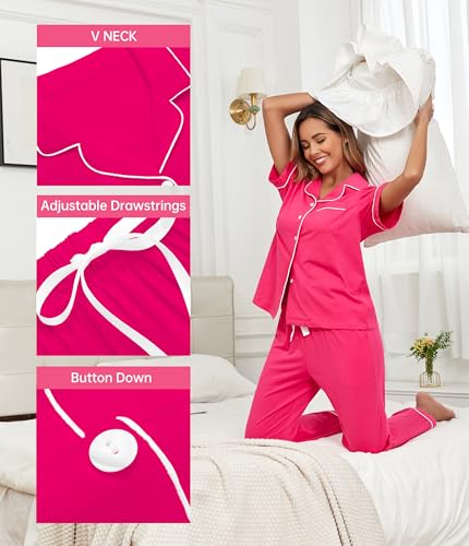 Image of CF Womens 100% Cotton Pajamas Set Button Down Pjs Sets Short Sleeve Top & Long Pants Sleepwear Comfy Loungewear with Pockets
