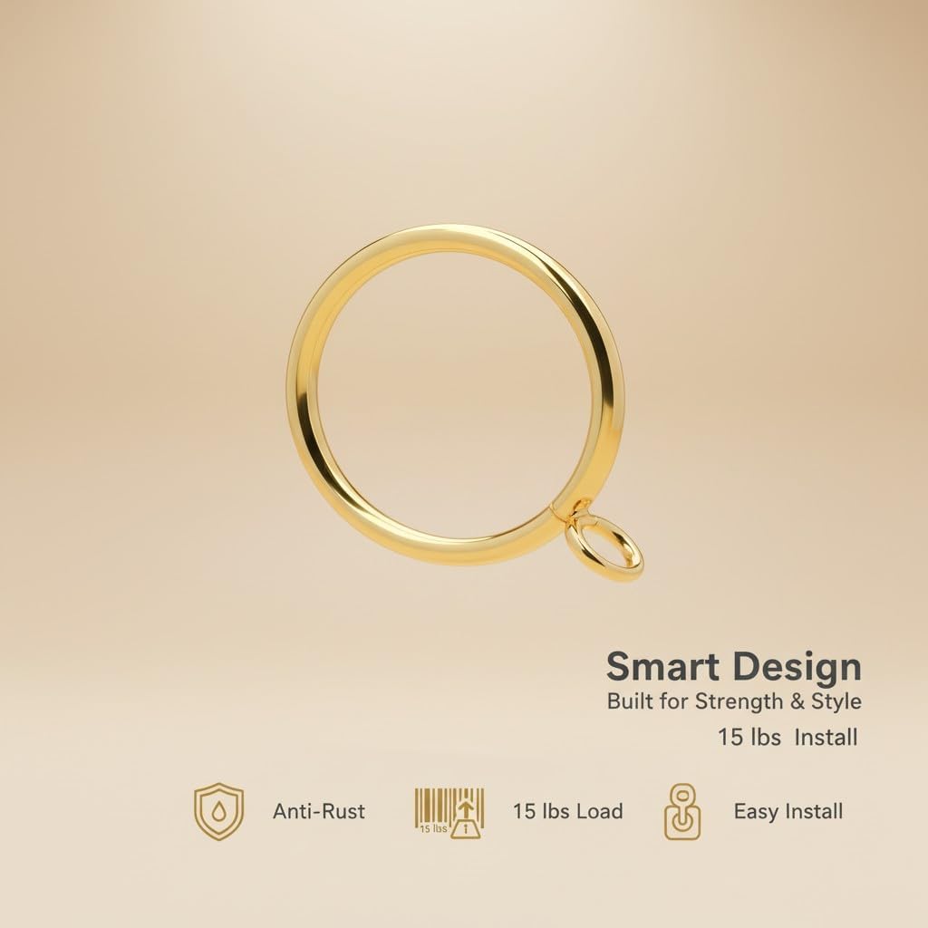 45 Pack Gold 1.5 Inch Curtain Rings - Heavy Duty Rustproof Iron Eyelets, Smooth Drapery Hardware for 1.2-1.4 Inch Rods, Fits Blackout/Sheer Curtains