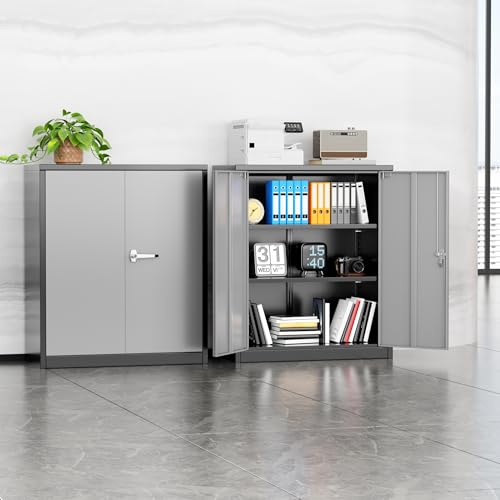 Image of INTERGREAT Metal Garage Storage Cabinet, 36 inch Locking Counter Cabinet with 2 Locking Doors and 2 Adjustable Shelves, Small Steel Cabinet for for Home Office, Gym, School(New Grey)