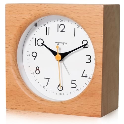 YsyYey Réveil de chevet, horloge analogique en bois silencieuse avec fonction snooze et veilleuse, réveil à piles pour chambre, maison, cuisine pour enfants