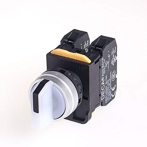 A204F-31E02Q4W, 22mm LED Illuminated Selector Switch, Metal Bezel, 3 Positions, Spring Return from Right, 110V 10A 2NC, LED 24V AC/DC, White