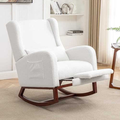Image of HCHAIRH Rocking Chair Nursery with Foot Rest, Wingback Nursery Rocking Chairs Sherpa Nursing Chairs Glider Rocker with Pillow for Living Room, Bedroom, White