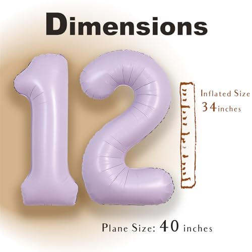 Image of SUWEN 40 Inch Light Purple Large 12 Balloon Number Big Foil Helium Lavender Number Balloons Huge Mylar 0-9 Giant Jumbo Happy 12th Birthday Party Anniversary Decorations