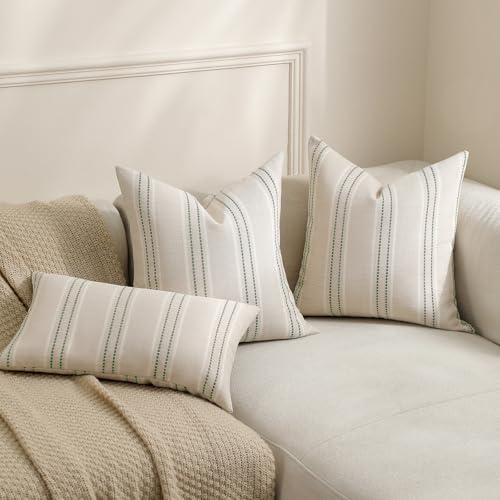 Image of Hckot Spring Throw Pillow Covers 24x24 Set of 2 Striped Pillow Covers Textured Linen Decorative Pillows Square Cushion Covers for Sofa Couch Bed Living Room Farmhouse Decor, Sage Green