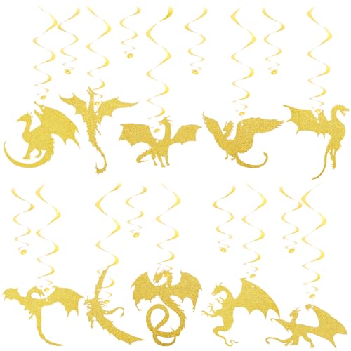Image of Sumind 30 Pcs Dragon Hanging Swirls Party Decorations, Gold Dragon Ceiling Hanging Decor for Medieval Fantasy Themed Birthday Party Supplies, 10 Designs