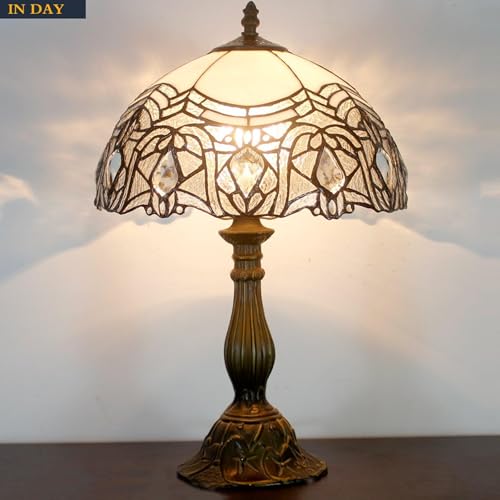 Image of WERFACTORY Tiffany Lamp White Bent Stained Glass Bedside Table Lamp 18 Inch