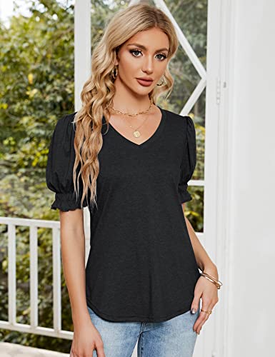 Conmite Womens Summer Puff Short Sleeve Tunic Tops V Neck Casual Loose T-Shirts With Smocked Cuff Black M #TOP1