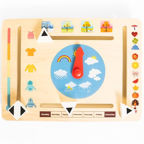 Montessori & Me Wooden Weather Board for Toddlers Preschool Weather Chart & Daily Calendar for Kids Interactive Toddler Calendar with Days of The Week Months Seasons & Temperatures