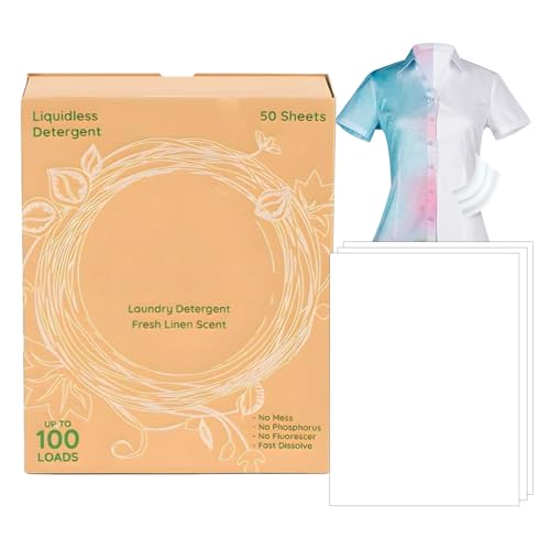 洗濯石鹸シート、洗濯機用50カウント水溶性洗剤ストリップ、新鮮なリネン、敏感肌、旅行、大学寮、アパート、キャンプ、ビジネス用のコンパクトな汚れ落としシート