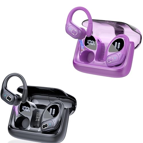 Aptkdoe 2 Sets Wireless Earbuds Sport, Bluetooth 5.4 Over Ear Buds Stereo Deep Bass Over Ear Bud with Earhooks, 75H Wireless Earphones with Mic, IPX7 Waterproof Earphone for Sports Black+Purple - image 1