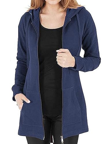 Vancavoo Fleecejacke Damen Lang Winterjacke Sweatjacke Kapuzenjacke Zip Kapuzenpullover Lose Jacken Einfarbig Sweatshirt Langen Mantel Cardigan Outwear Mit Taschen (Marine, M)