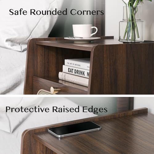 Image of JOINICE Mid Century Modern Nightstand Set of 2 with Charging Station | Rattan Bedside Table with Storage, Walnut Boho End Table with Wooden Legs, Suitable for Bedroom, Living Room, Easy Assembly
