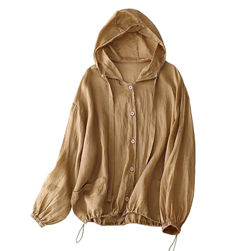 Mzkdieey Women Cotton Linen Sun Protection Hoodie Jacket Drawstring Long Sleeve Button Down Blouse Oversized Hooded Cover Ups