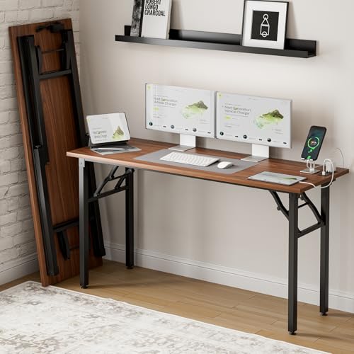 Image of Frylr Small Folding Computer Desk - 55.1 Inch Portable Table for Craft and Study, Lightweight Desk for Small Spaces, Foldable Laptop Table Built-in AC /USB Outlets for Convenience, Dark Walnut