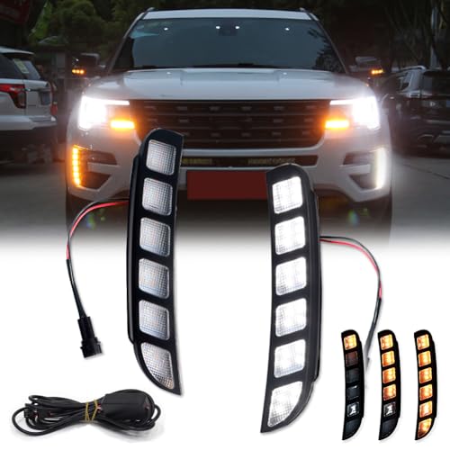 GTINTHEBOX for 2016 2017 2018 2019 Ford Explorer Front Bumper DRL Fog Driving Lights Sequential Turn Signal Lamp Switchback Amber & White Dual Color LED (new update)