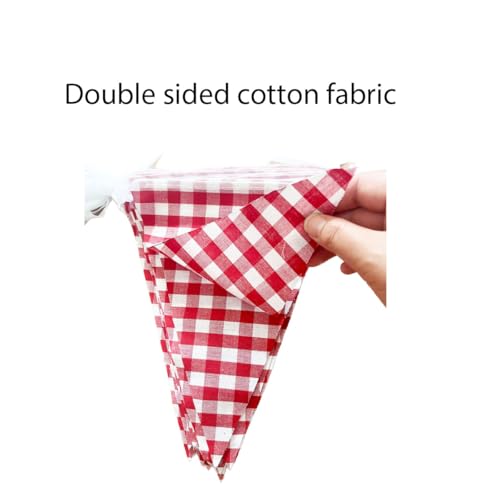 Image of 15 Meters 49ft Red and White Cotton Fabric Checkered Pennant Banner, Party Decoration Double Sided Triangle Gingham Bunting Flags for Carnival Birthday