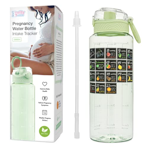 Image of BellyBottle Pregnancy Water Bottle Tracker Must Haves for Expecting Moms Nausea Relief + Straw + BPA Free Green