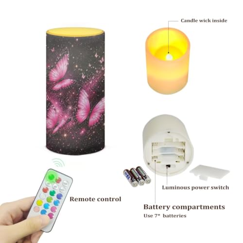 Image of Poceacles Flameless Light Candles Battery Operated Candles with Color Changing Timer Remote Control Tealights for Home Beach Dinner Party Banquet Decor, Butterfly Galaxy Pink