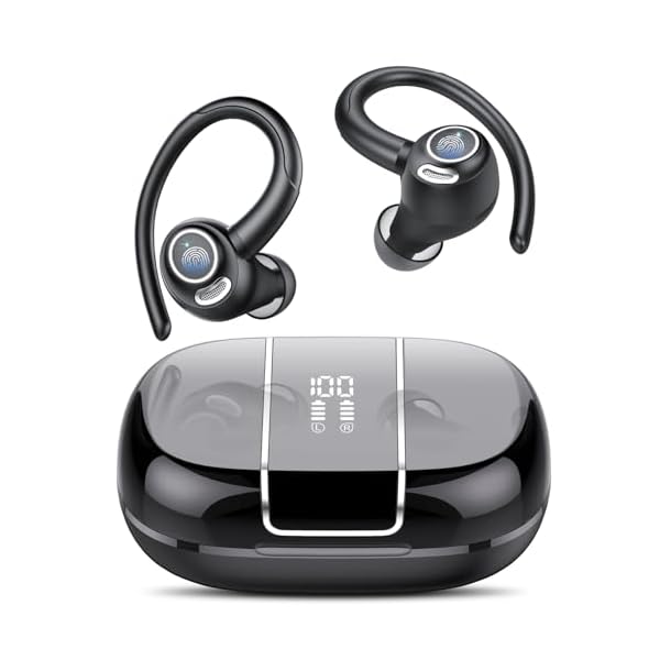 Wireless Earbuds Bluetooth 5.3 Headphones Sports, 48Hrs Playback Over Ear Buds with CVC8.0 Mic, Bass Stereo Bluetooth Earbuds with Earhooks, LED Display, IP7 Waterproof Earphones for Workout/Running