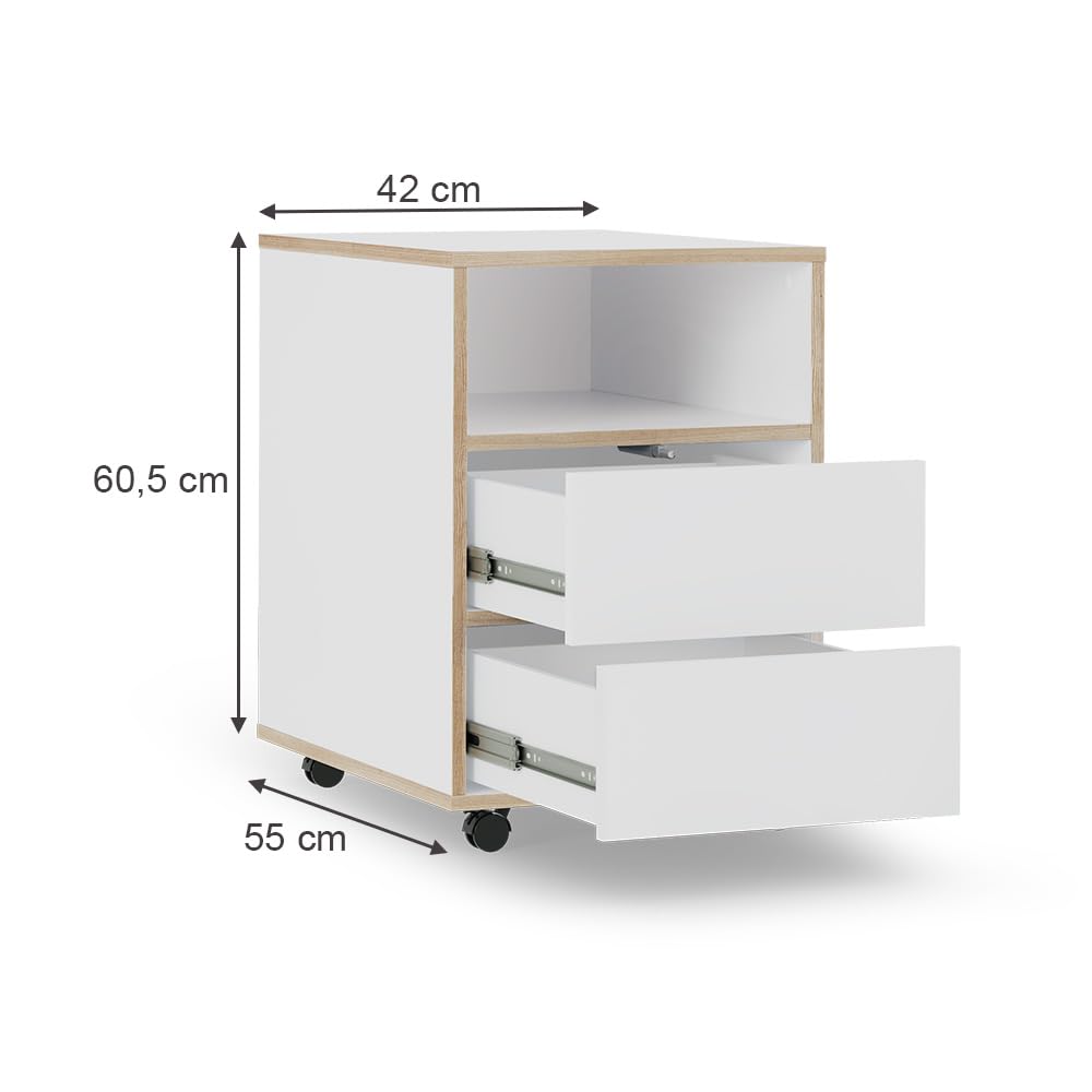 Vicco Caisson Roulant Tetrix, Blanc, 42x55cm | avec étagères et 2 tiroirs, sur roulettes pour une utilisation flexible au bureau ou en télétravail