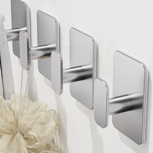 Aikzik 4 Pack Large Self Adhesive Hooks, Stainless Steel Sticky Hook Heavy Duty, Over 12kg Load - Strong Hooks for Hanging for Towel, Coat, Robe, Stick on Bathroom, Kitchen, Door and Wall