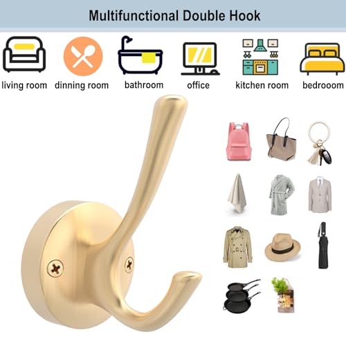 TOFIIGREM Gold Wall Hooks, 6 Pack Coat Robe Hook Heavy Duty Metal Double Bath Hook Wall Mounted, Hand Towel Hooks for Cubicle Bathroom Kitchen Closet Garage by TOFIIGREM - Image 8