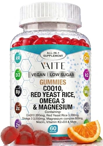 CoQ10 200mg Gummies with Red Yeast Rice & Magnesium Glycinate – Omega-3, Zinc, and Vitamin K2+D3 for Overall Health – Supplements for Adults – 60 Chewable Gummies
