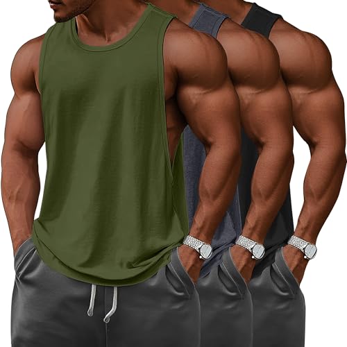 Ficerd 3 Pcs Big and Tall Men's Workout Tank Top Cotton Sleeveless Muscle Tee Gym Athletic Bodybuilding Cut Off Shirt