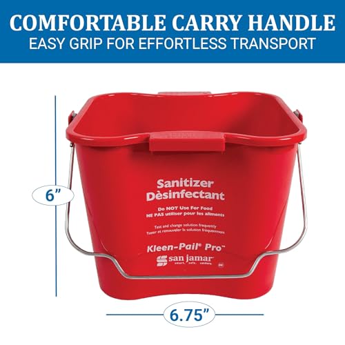Image of San Jamar Kleen-Pail Pro Sanitizer Pail Cleaning Bucket with Bail Handle for Cleaning, Kitchens, Restaurants, And Janitorial Use, Plastic, 3 Quarts, Red