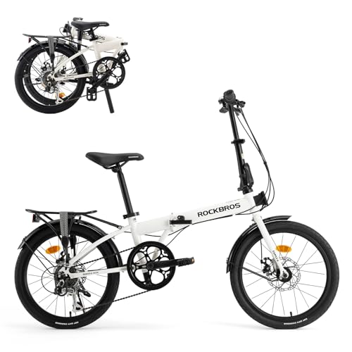 ROCKBROS SKN 20-Inch Folding Bike, 36.6 lb Portable Lightweight High-Carbon Steel Electrophoretic Frame, Shimano 7-Speed, Mechanical Disc Brake, Adjustable Foldable Commuter Bike