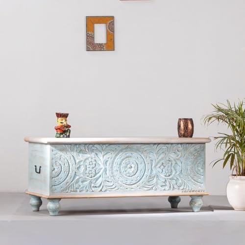 Image of Natura Solid Wood Coffee Table for Living Room Wooden Trunk Box for Storage | Handcrafted Center Table for Living Room with Sandook Storage | Pitara for Home & Bedroom (Light Blue Distress)