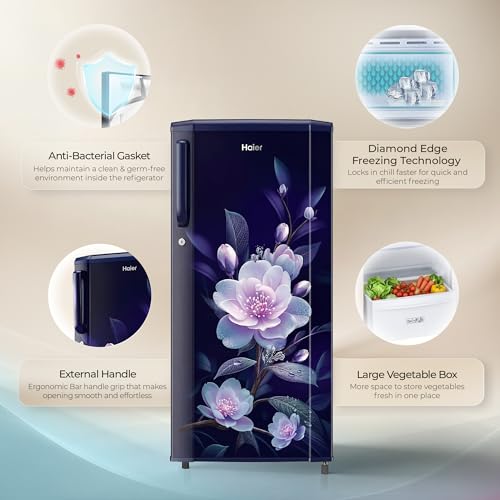 Image of Haier 165 L 1 Star Direct Cool Single Door Refrigerator with Diamond Edge Freezing Technology, Easy Clean Back, Large Vegetable Box (HED-171MEA-P, Marine Elegance, 2026 Model)